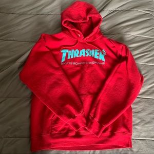red + cyan thrasher hoodie